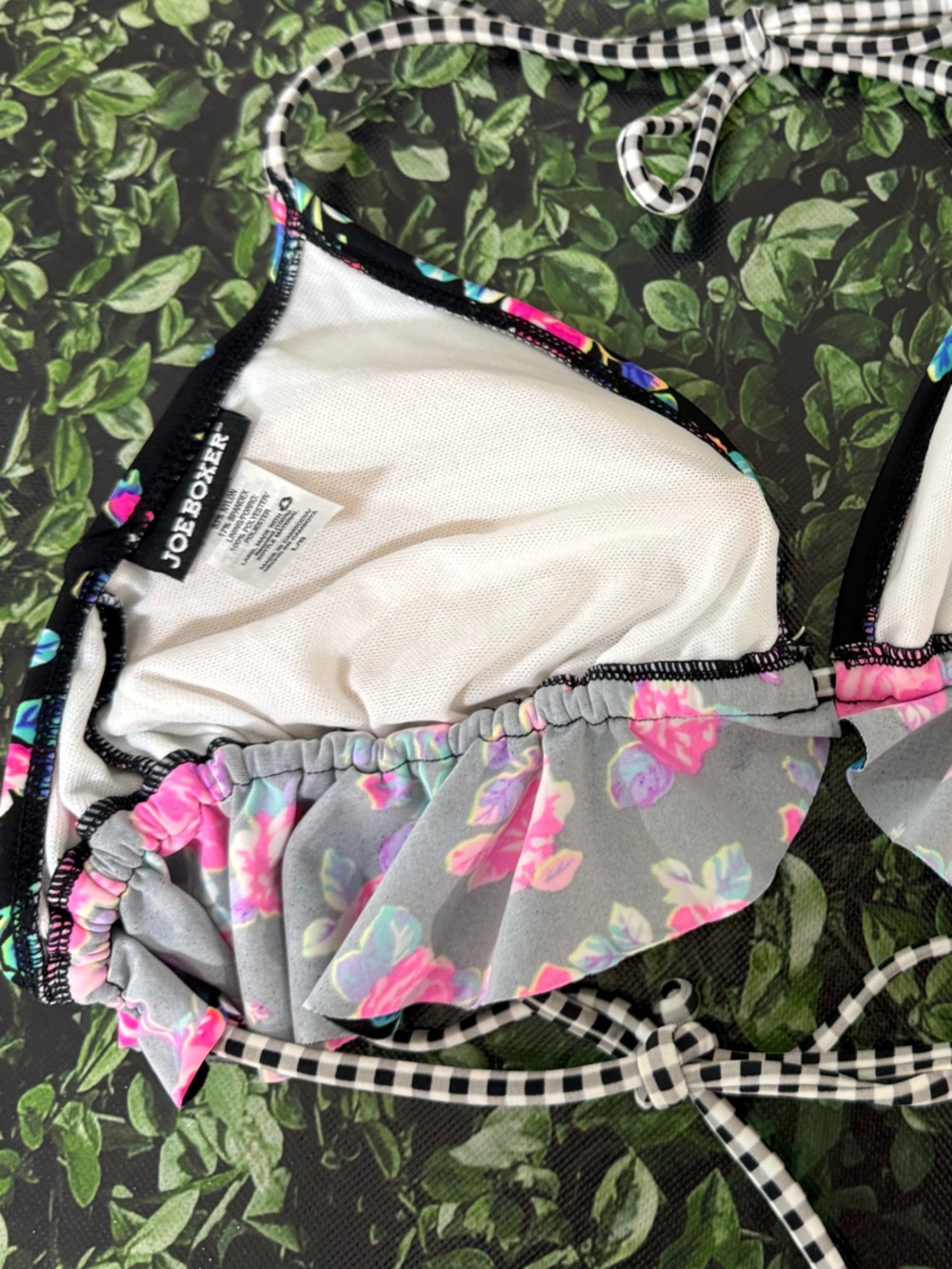 String Floral Ruffle Halter Bikini Top - Black with Pink Flowers - Picture 6 of 9